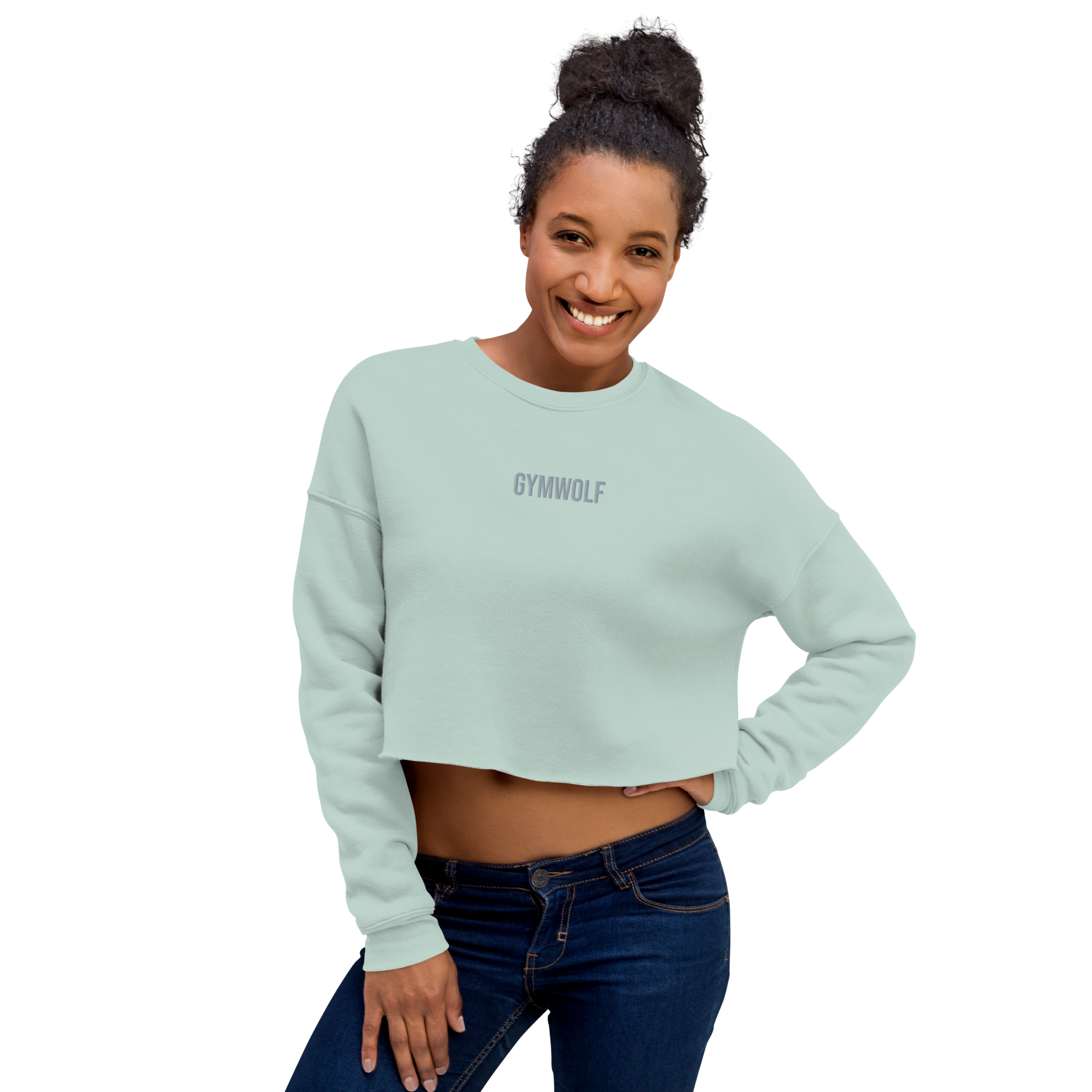Woman's Embroidery Crop Sweatshirt - Dusty Blue
