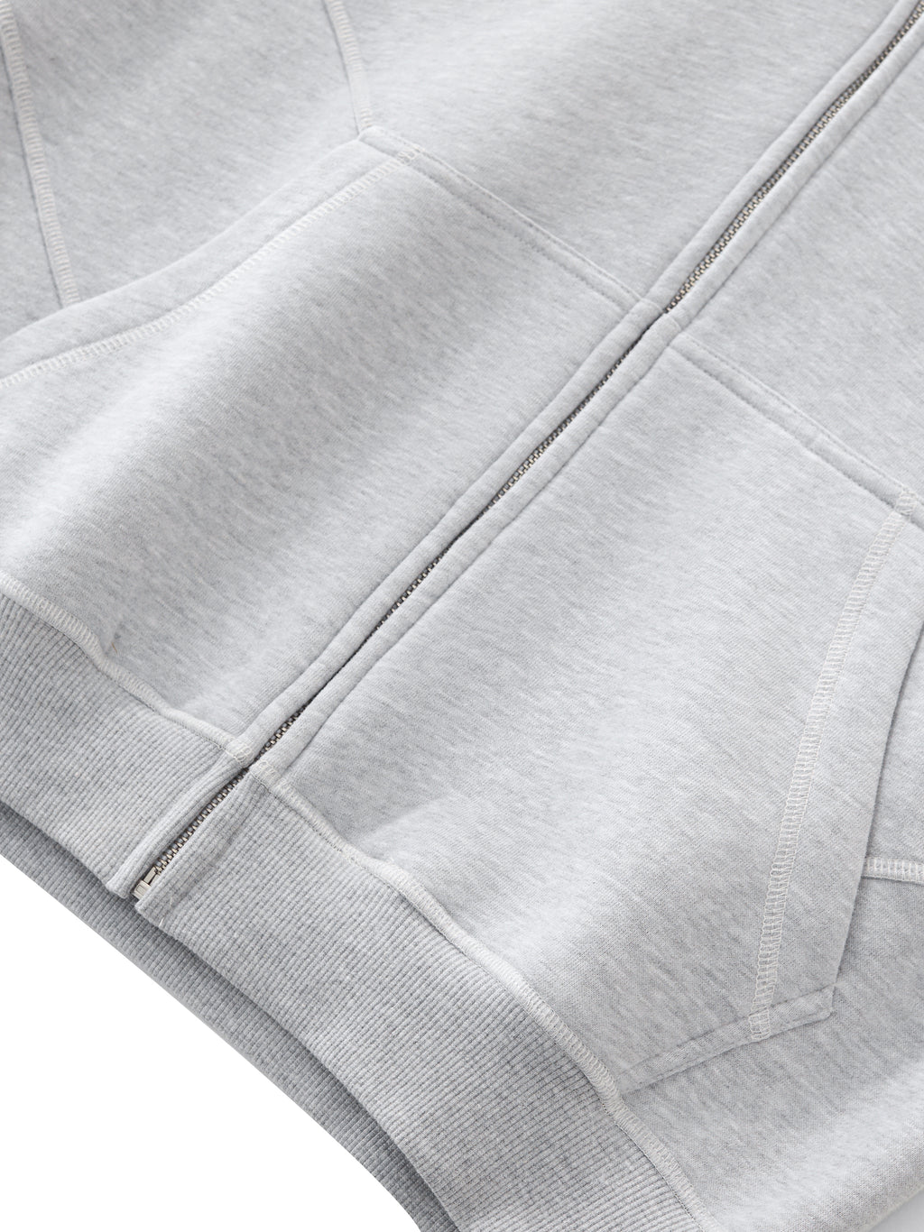 Unisex Contrast-Stitched Boxy Fleece Zip Hoodie - Grey